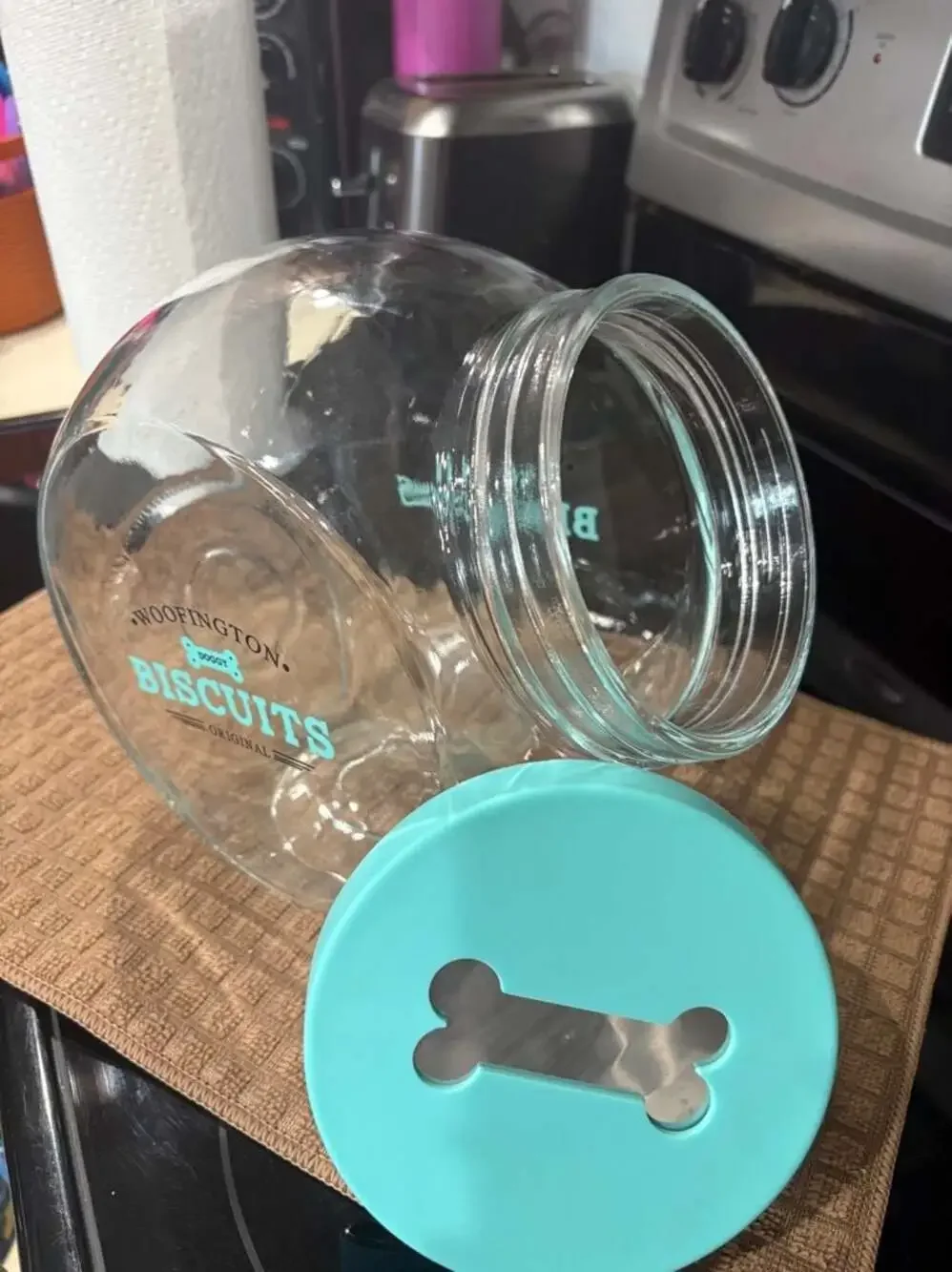 Woofington Doggy Biscuits Glass Treat Jar with Teal Bone Lid